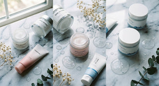 A flat-lay of minimalist Korean moisturizer jars and tubes arranged on a marble surface with water droplets and soft natural lighting evoking dewy, hydrated skin.