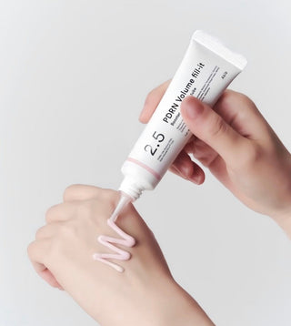 Abib PDRN Volume Fill-It Booster Cream in a 2.5 oz tube, featuring a smooth cream texture for skin hydration and plumping.