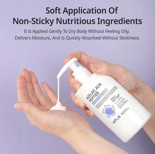 APLB azelaic acid peptide body lotion in 300ml bottle, featuring a white and blue packaging with a pump dispenser.