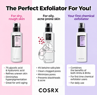 CosRX AHA/BHA Clarifying Treatment Toner bottle, showing label and clear liquid, designed for pore tightening and skin clarification.