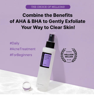 CosRX AHA/BHA Clarifying Treatment Toner bottle, featuring clear liquid and minimalist label, designed for pore tightening and skin clarity.
