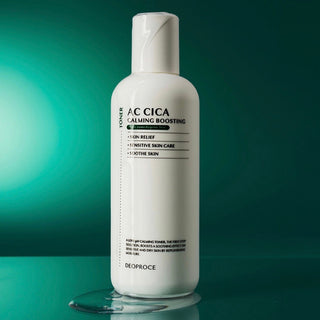 Deoproce AC Cica calming boosting toner in 150ml bottle, with soothing ingredients and clear liquid appearance.