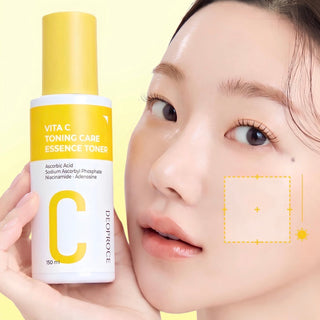 Deoproce Vita C Toning Care Essence Toner bottle showing the skincare product for brightening and hydrating skin.