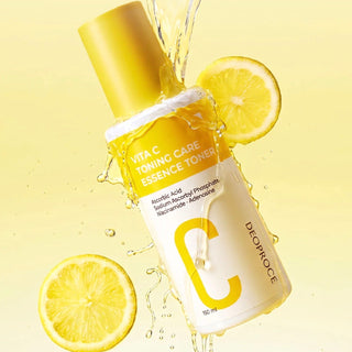 Deoproce VITA C Toning Care Essence Toner bottle showing bright packaging and clear liquid inside, skincare for brightening.