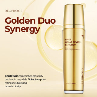 Deoproce Snail Galac Revital Emulsion bottle, hydrating skincare product with snail extract for revitalizing skin.
