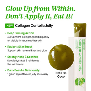 FOODOLOGY Collagen Centella Jelly in a pouch, showing the transparent jelly with visible ingredients and branding on the packaging.