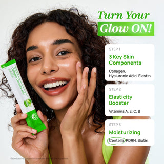 Fooodology Collagen Centella Jelly in a 10 pouch pack, showing soft, transparent jelly with centella leaf pieces and collagen content.