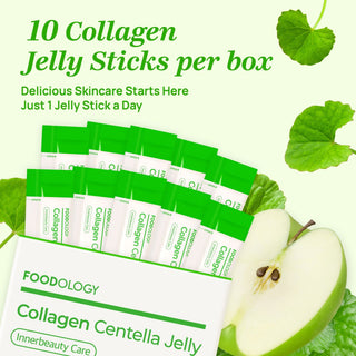 FOODOLOGY Collagen Centella Jelly in a 10-pouch pack, showing vibrant jelly cubes with fresh centella leaves on the packaging.