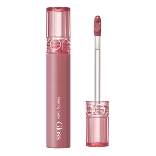 rom&nd Glasting Colour Gloss lip gloss in Rose Finch shade, glossy finish, smooth application, and vibrant pink color.
