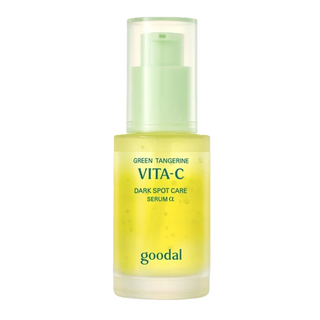 Goodal Green Tangerine Vita C Dark Spot Serum bottle with dropper, showcasing the skincare product for brightening and dark spot reduction.