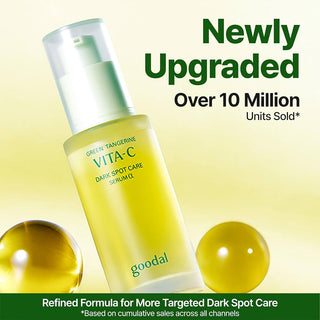 Goodal Green Tangerine Vita C Dark Spot Serum bottle with green writing, showcasing the skincare product for brightening and dark spot reduction.