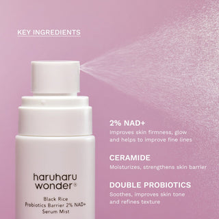 Haruharu Wonder Black Rice Probiotics Barrier NAD+ Serum Mist 80ml bottle with a sleek design, showcasing the skincare product.