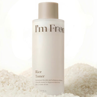 I'm From Rice Toner 150ml bottle showing clear liquid inside, designed for skincare with a minimalist label and white cap.