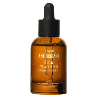 Jumiso Antioxidant Glow Facial Essence 40ml in a clear glass bottle with a white pump dispenser, designed for skincare.