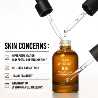 Jumiso Antioxidant Glow Facial Essence 40ml bottle, featuring clear liquid inside, designed for brightening and nourishing skin.