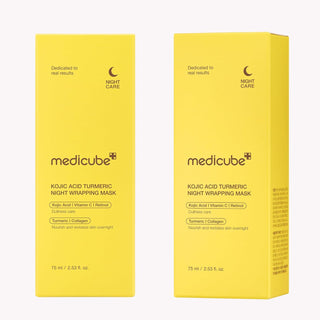 Medicube Kojic Acid Tumeric Night Wrapping Mask face sheet mask draped over a bowl, showcasing the product's packaging and texture.