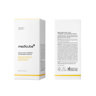 Medicube Kojic Acid Turmeric Niacinamide Serum bottle, 30mL, with dropper cap, showcasing the skincare product for brightening and uneven skin tone