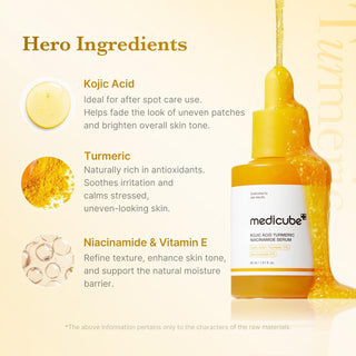 Medicube Kojic Acid Turmeric Niacinamide Serum bottle with white cap, 30mL, shown on a clean surface.