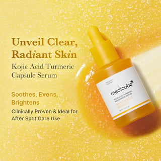 Medicube Kojic Acid Turmeric Niacinamide Serum 30mL bottle, featuring a clear glass container with a white pump dispenser.