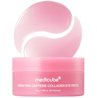 Medicube PDRN Pink Caffeine Collagen Eye Patches displayed in a container, designed to reduce puffiness and dark circles around the eyes.