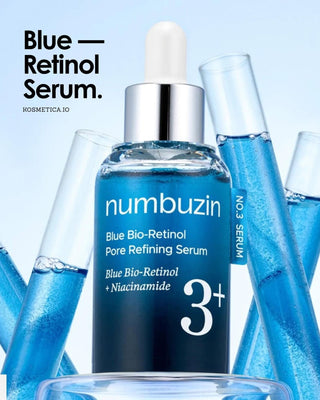 Numbuzin No.3 Blue Bio-Retinol Pore Refining Serum in a sleek blue bottle, showing the serum's smooth texture and pump dispenser.