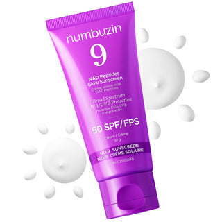 Numbuzin No.9 NAD Peptides Glow Sunscreen bottle with white packaging and pump dispenser, SPF protection for skin.