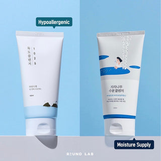 Round Lab 1025 Dokdo Cleanser cleansing foam in a white tube with blue accents, designed for gentle facial cleansing.
