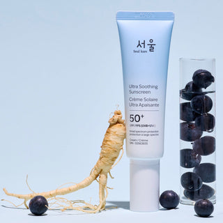 Seul Kare Ultra Soothing Sunscreen SPF 50+ bottle with zero cast, featuring a smooth, hydrating formula in a white pump bottle.
