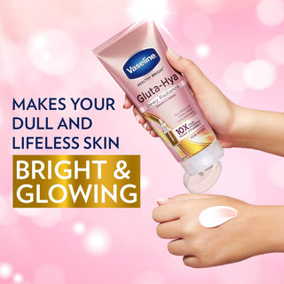 Vaseline Gluta-Hya Dewy Radiance Lotion 200mL bottle with creamy texture, designed for hydrating and brightening skin.
