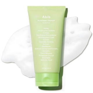 Abib Acne foam cleanser with Heartleaf in a 150ml bottle, featuring a white and green packaging design.