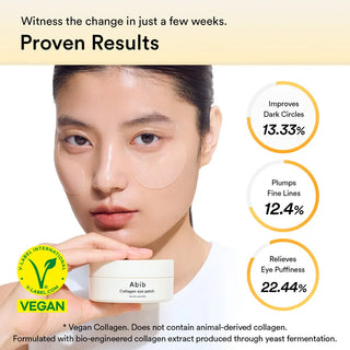 Abib Collagen Eye Patch Jericho Rose Jelly in 90g jar, displayed with 60 jelly patches for eye skincare.