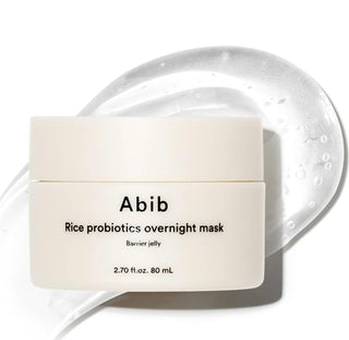 Abib Rice Probiotics Overnight Mask in a jar, showing the jelly texture and barrier benefits for nourishing skin overnight.