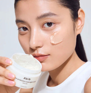 Abib Rice Probiotics Overnight Mask in a clear jar, showcasing the jelly texture with rice and probiotic ingredients for nourishing skin.