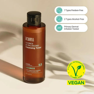 ACWELL Licorice pH Balancing Cleansing Toner bottle with label, showcasing a skincare toner for balanced skin.