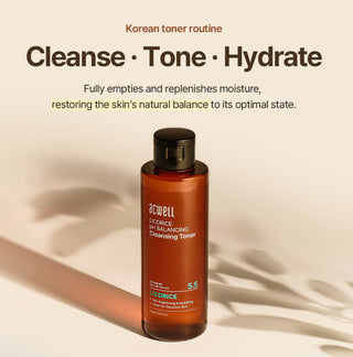 Acwell Licorice pH Balancing Cleansing Toner in a clear bottle with a white cap, designed for gentle facial cleansing and pH balance.