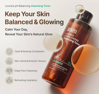 ACWELL Licorice pH Balancing Cleansing Toner in a clear bottle with a white cap, showing the product label and liquid inside.
