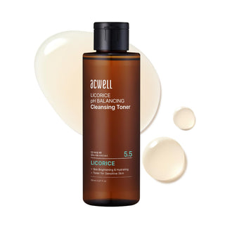 ACWELL Licorice pH Balancing Cleansing Toner bottle with clear liquid and white cap, skincare product for gentle facial cleansing.