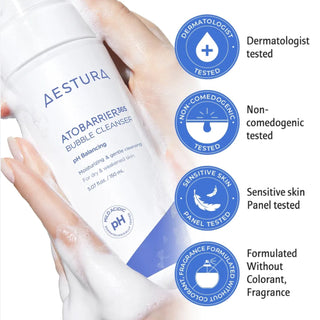 Aestura Atobarrier 365 Bubble Cleanser 150mL bottle with foaming pump, gentle skincare cleanser for sensitive skin.