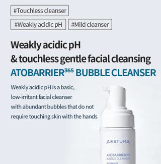Aestura Atobarrier 365 Bubble Cleanser in a 150mL bottle, featuring a foaming formula for gentle facial cleansing.