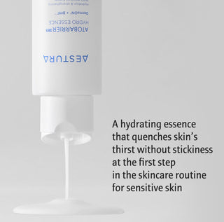 Aestura Atobarrier 365 Hydro Essence in a 200mL bottle, featuring clear liquid and pump dispenser for skincare hydration.