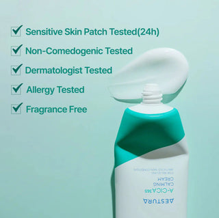 Aestura A-Cica 365 Soothing Repair Cream facial cream in a 60mL jar with a white and green label, designed for sensitive skin.