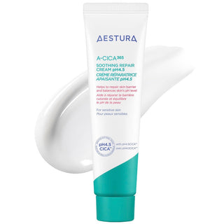 Aestura A-Cica 365 Soothing Repair Cream in a 60mL jar, featuring a gentle facial cream with a pH of 4.5 for soothing skin.