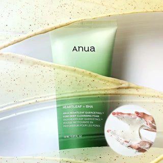 Anua Heartleaf Quercetinol Pore Deep Cleansing Foam in 150mL bottle, showing the foaming action and product packaging.