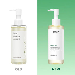 Anua Heartleaf Pore Control Cleansing Oil bottle with pump dispenser, clear liquid, and clean packaging for pore cleansing and oil control.