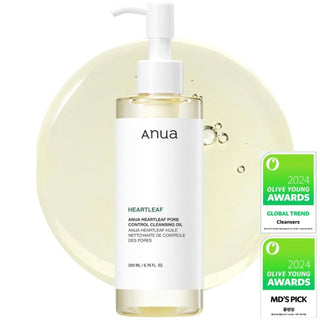 Anua Heartleaf Pore Control Cleansing Oil bottle with pump dispenser, designed for deep cleansing and pore refinement.