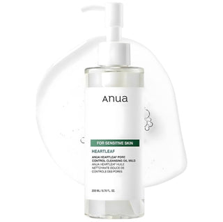 Anua Heartleaf Pore Control Cleansing Oil Mild in a 200mL bottle, featuring a clear pump dispenser and label with product details.