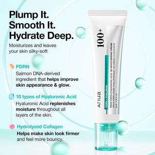 ANUA PDRN Hyaluronic Acid 100 Moisture Cream in a 60mL jar, showing the hydrating and nourishing cream texture.