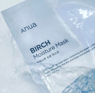 Anua Birch Moisture Face Sheet Mask showing the mask's packaging and product details for deep hydration.