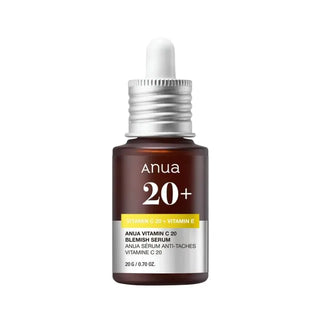 Anua Vitamin C 20 Blemish Serum in a glass bottle with dropper, showcasing the brightening and blemish-fighting skincare formula.