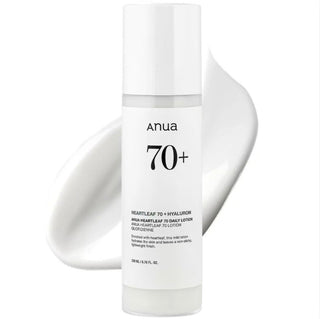 Anua Heartleaf 70+ Daily Lotion moisturizer in a white bottle with a pump, designed for daily skincare and hydration.